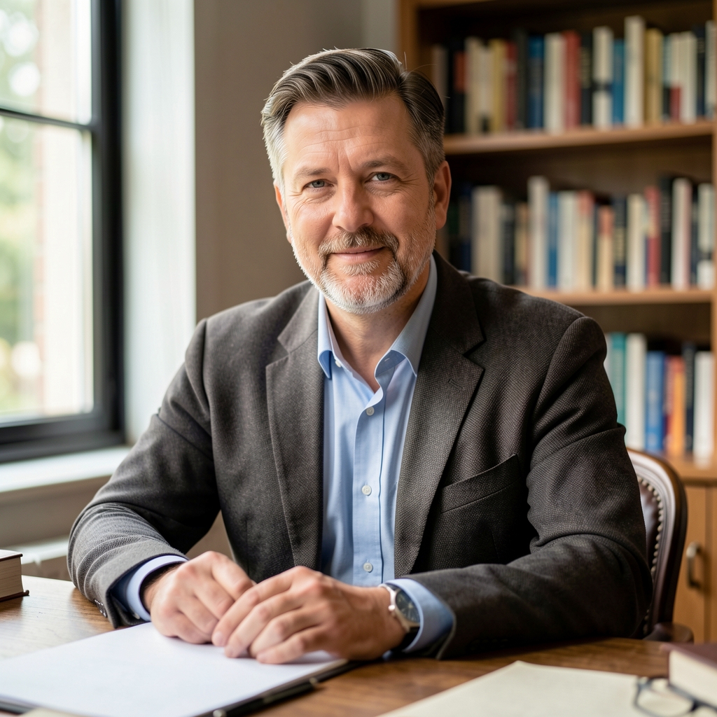 Editorial portrait of a writer at a desk in soft natural light, bookshelves visible behind