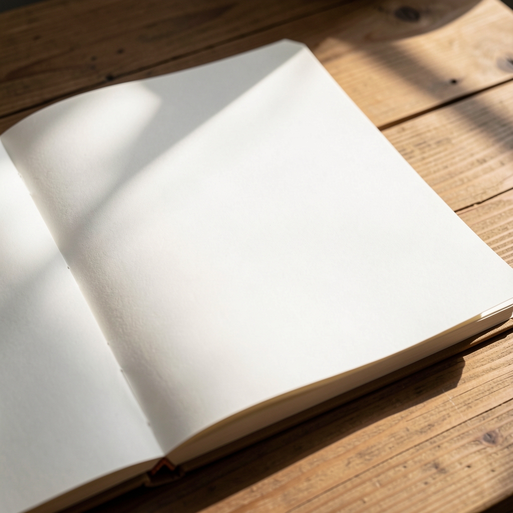Close-up of a plain white notebook open on a wooden table, morning light casting long shadows, a cup of tea beside it