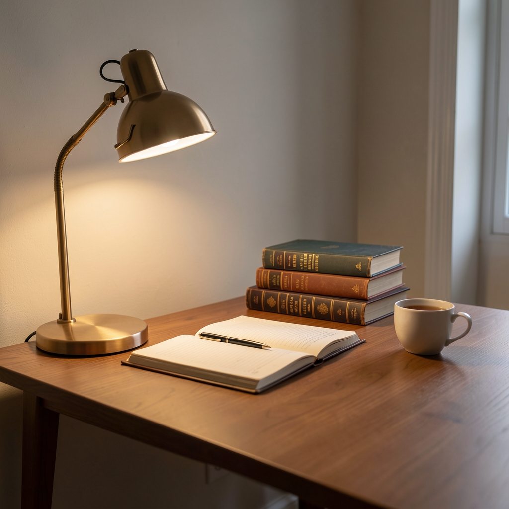 Portrait of a contributor at a writing desk, natural side light, plain neutral background