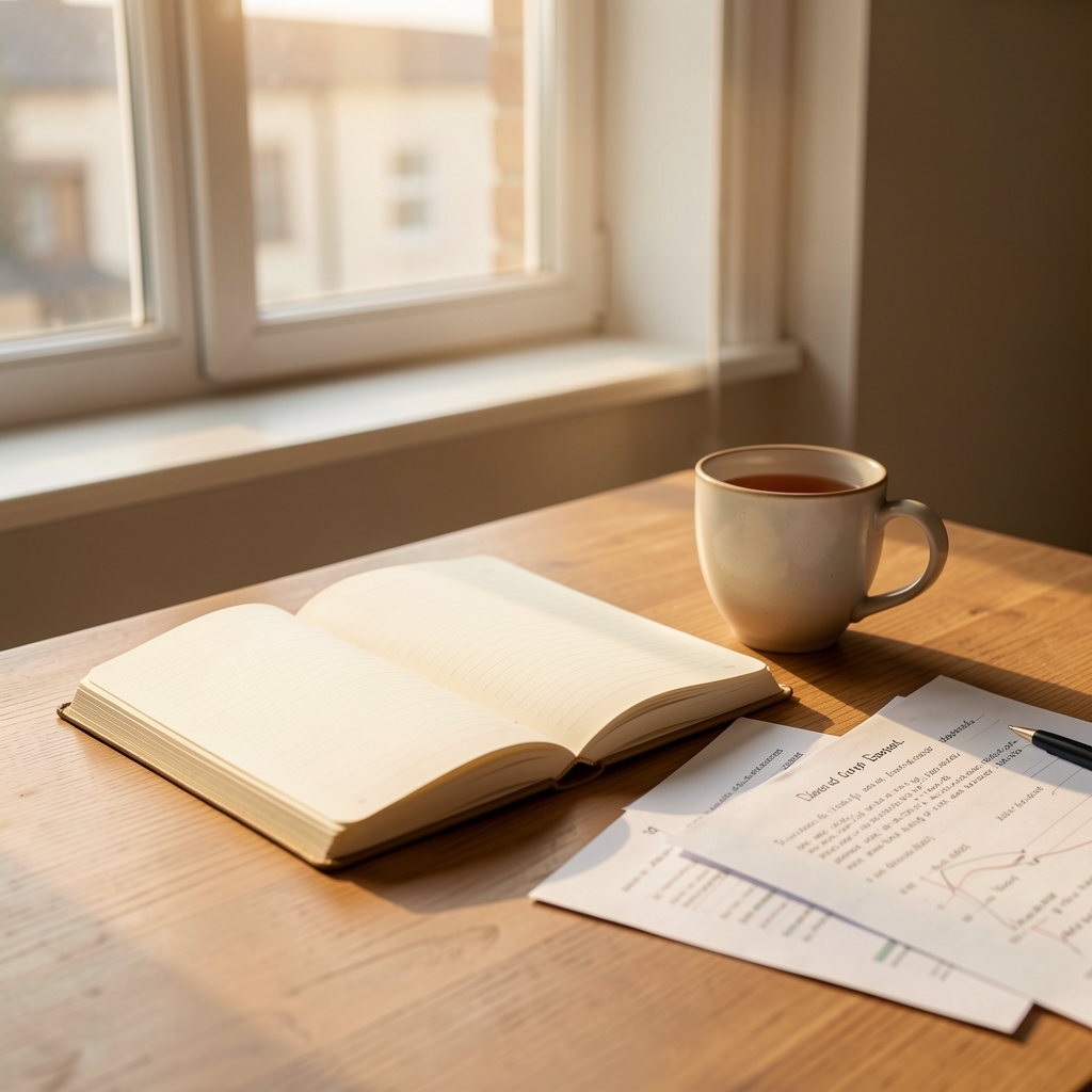 Quiet morning desk scene with an open notebook, warm morning light filtering through a window, a cup of tea beside scattered papers documenting daily energy observations