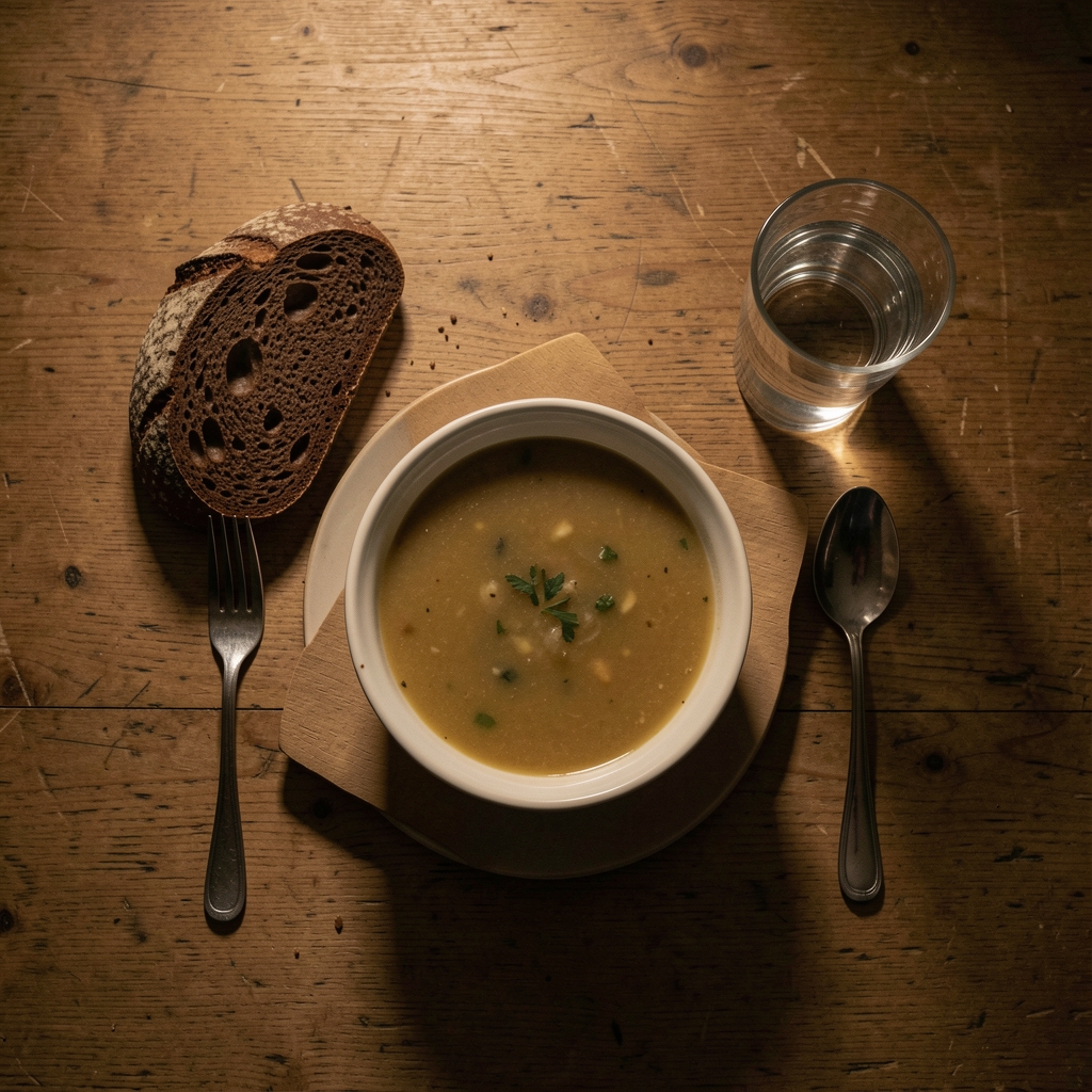 Overhead view of a simple evening meal set on a wooden table — a bowl of soup, dark bread and a glass of water — in subdued warm indoor lighting suggesting a quiet, low-effort dinner