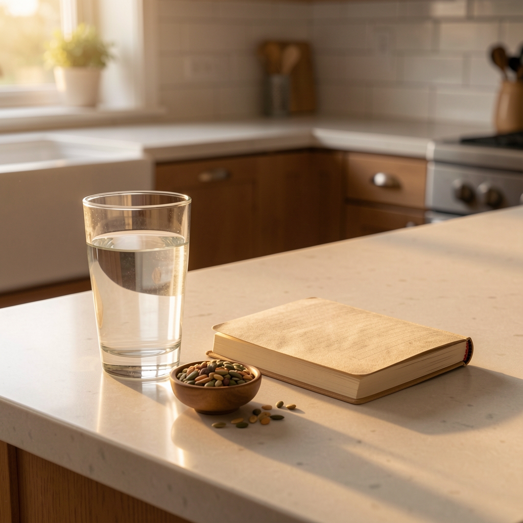 A kitchen counter at late afternoon, warm side light, a glass of water and a small bowl of mixed seeds beside a journal